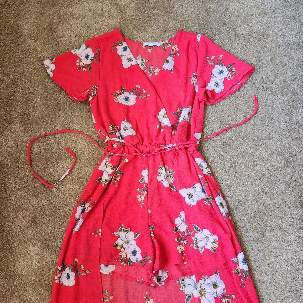 Floral Print Plunging Neck Flounce Sleeve Ruffle Hem Jumpsuit